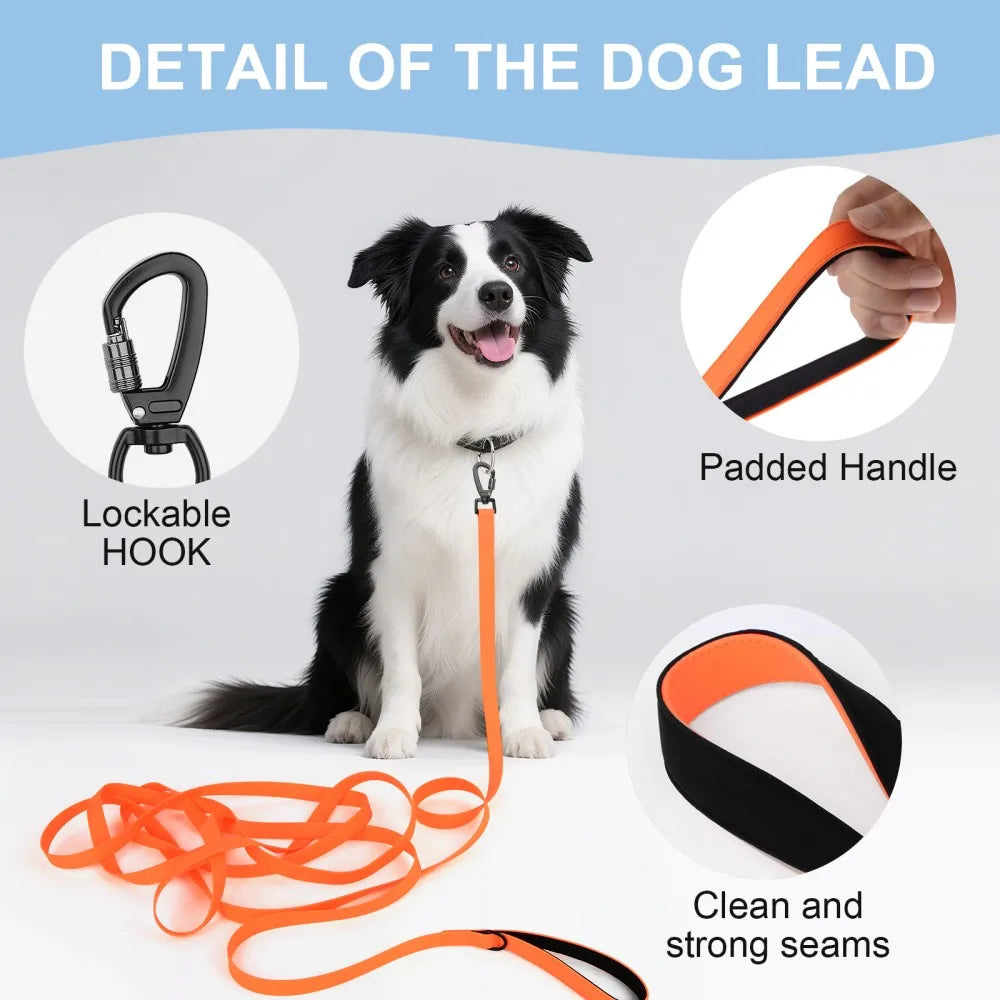 Waterproof Dog Leash, 3M/5M/10M/15M/20M/30M Dog Training Leash for Outside, Durable PVC Long Line Tracking Lead with Padded Hand