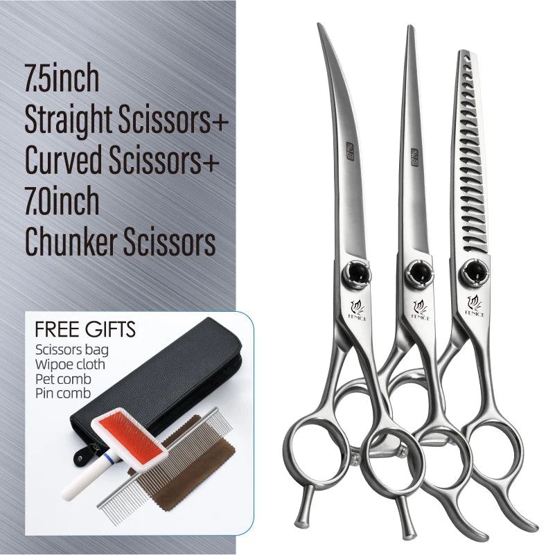 Fenice YCHLS 6.5/7.0/7.5 Inch Pet Grooming Scissors Set 9CR Steel Cutting Curved Thinning Chunker Shears for Family Use/Practice
