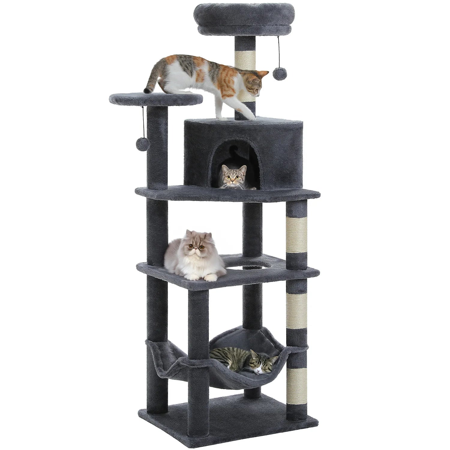 6-Level Cat Tree Tower with Super Large Hammock,Spacious Condo,Anti-tip Kit,2 Dangling Balls,4 Natural Sisal Scratching Posts