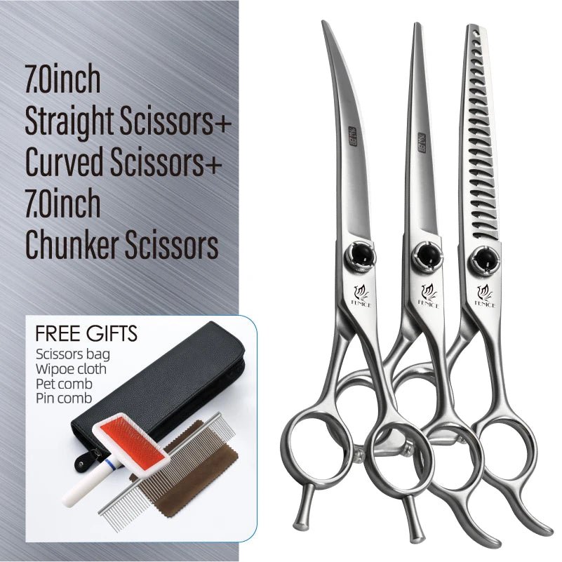 Fenice YCHLS 6.5/7.0/7.5 Inch Pet Grooming Scissors Set 9CR Steel Cutting Curved Thinning Chunker Shears for Family Use/Practice