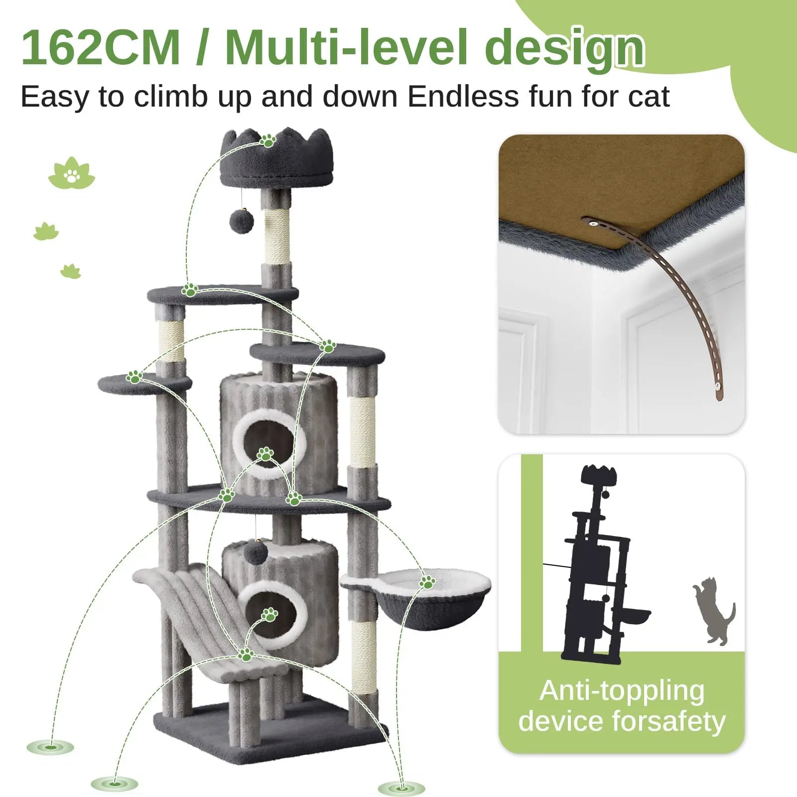 162cm Extra Tall Cat Tree - Multi-Level Tower with Scratching Post, Condos & Hammock for All Cats