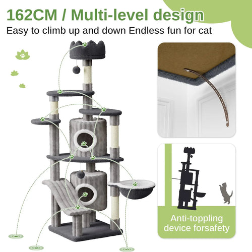 162cm Extra Tall Cat Tree - Multi-Level Tower with Scratching Post, Condos & Hammock for All Cats