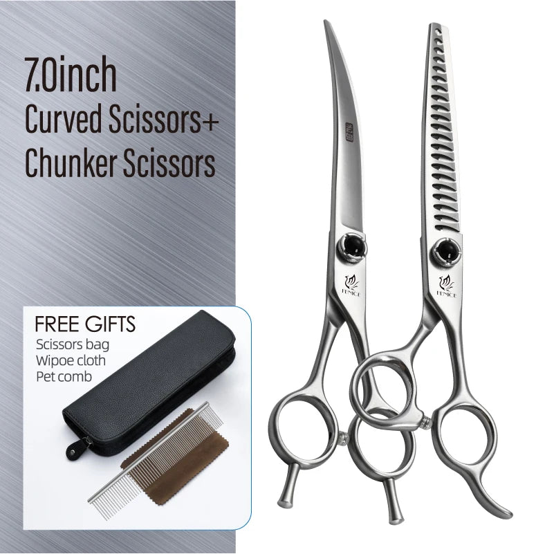 Fenice YCHLS 6.5/7.0/7.5 Inch Pet Grooming Scissors Set 9CR Steel Cutting Curved Thinning Chunker Shears for Family Use/Practice