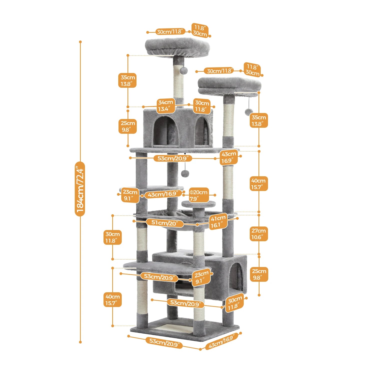 Large Cat Tree Tower for Indoor Cats With Sisal-Covered Scratching Posts Spacious Hammock Padded Perches and Condos Grey