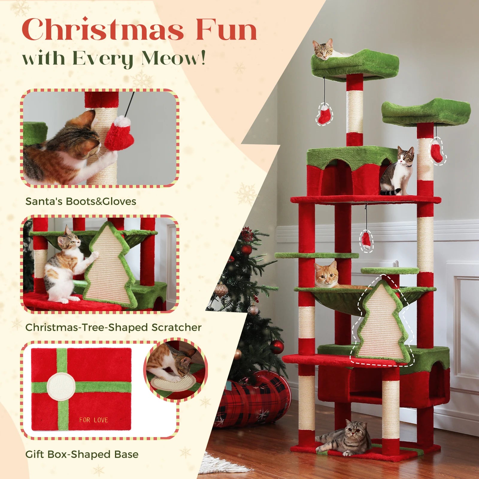 Christmas Cat Tree with Sisal Scratching Posts Spacious Condo Hammock Tall Large Cat Tower for Indoor Cat House Bed Cat Toys