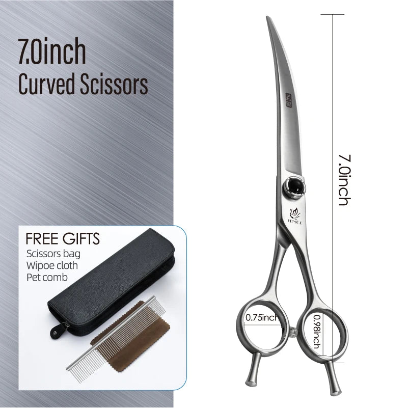 Fenice YCHLS 6.5/7.0/7.5 Inch Pet Grooming Scissors Set 9CR Steel Cutting Curved Thinning Chunker Shears for Family Use/Practice
