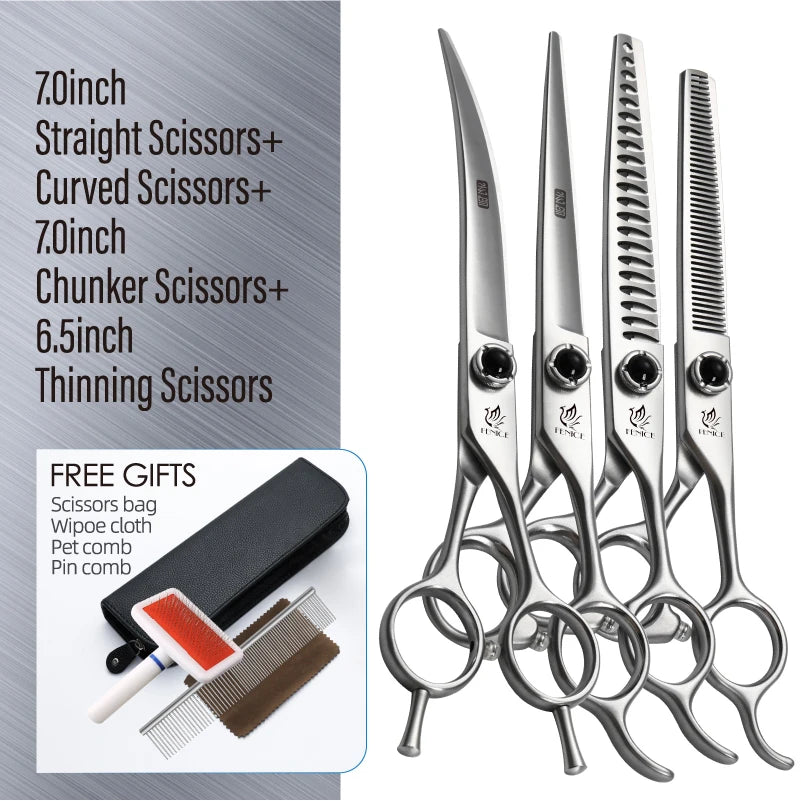 Fenice YCHLS 6.5/7.0/7.5 Inch Pet Grooming Scissors Set 9CR Steel Cutting Curved Thinning Chunker Shears for Family Use/Practice