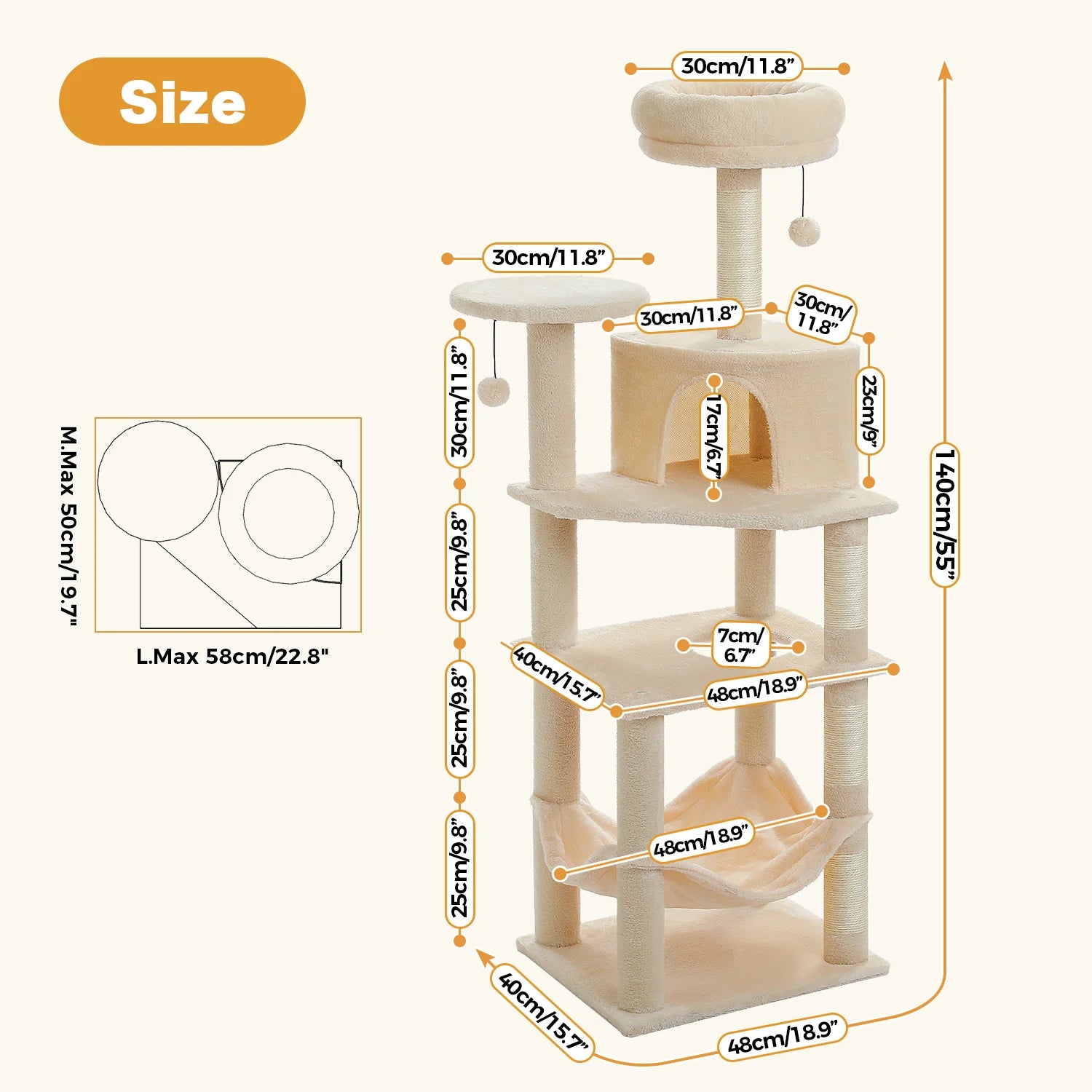 6-Level Cat Tree Tower with Super Large Hammock,Spacious Condo,Anti-tip Kit,2 Dangling Balls,4 Natural Sisal Scratching Posts