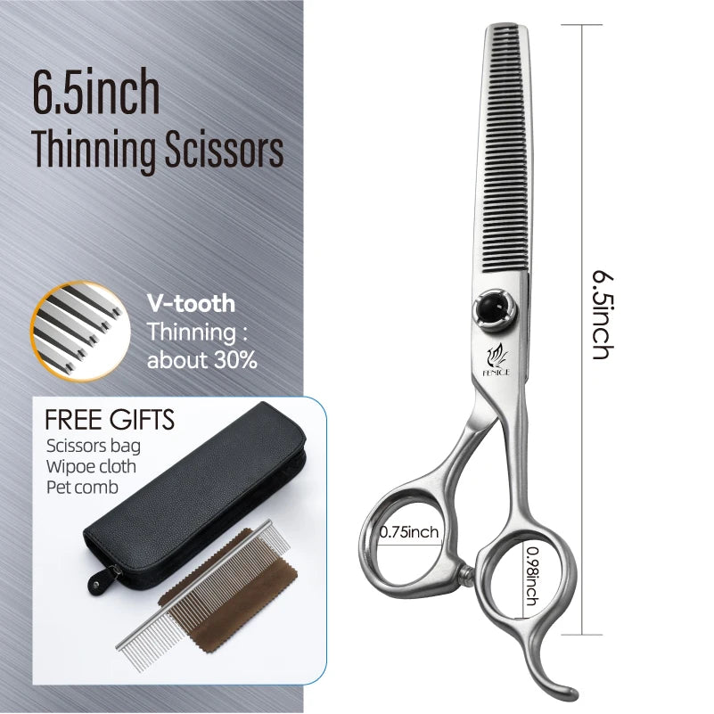 Fenice YCHLS 6.5/7.0/7.5 Inch Pet Grooming Scissors Set 9CR Steel Cutting Curved Thinning Chunker Shears for Family Use/Practice