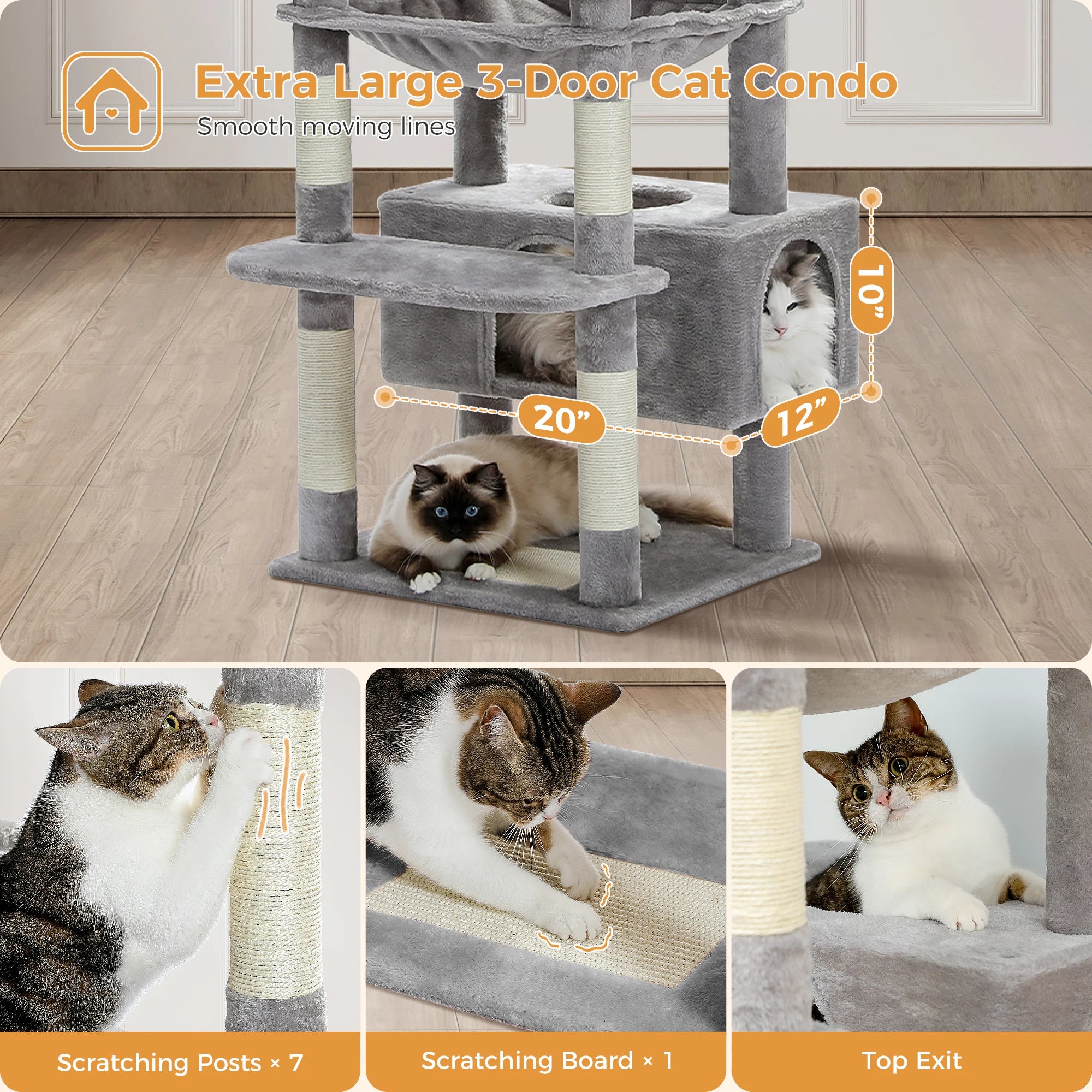 Large Cat Tree Tower for Indoor Cats With Sisal-Covered Scratching Posts Spacious Hammock Padded Perches and Condos Grey
