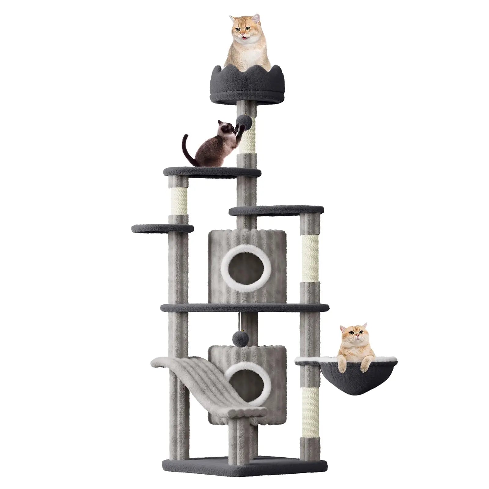 162cm Extra Tall Cat Tree - Multi-Level Tower with Scratching Post, Condos & Hammock for All Cats