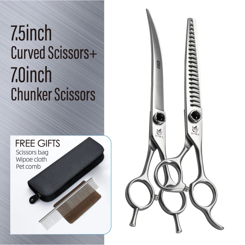 Fenice YCHLS 6.5/7.0/7.5 Inch Pet Grooming Scissors Set 9CR Steel Cutting Curved Thinning Chunker Shears for Family Use/Practice