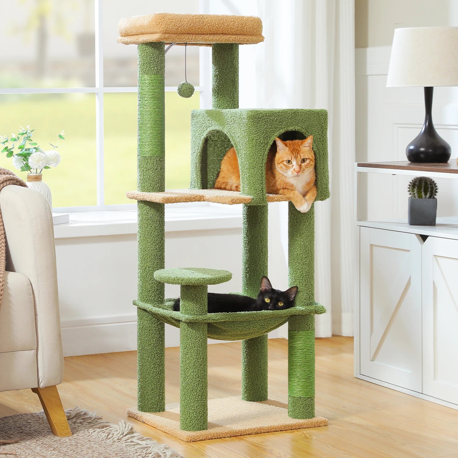 5-Level Cat Tree 113cm Cat Tower with Top Perch,Soft Condo,Natural Sisal Scratching Post,Attractive Pompom,Anti-tip kit,Hammock