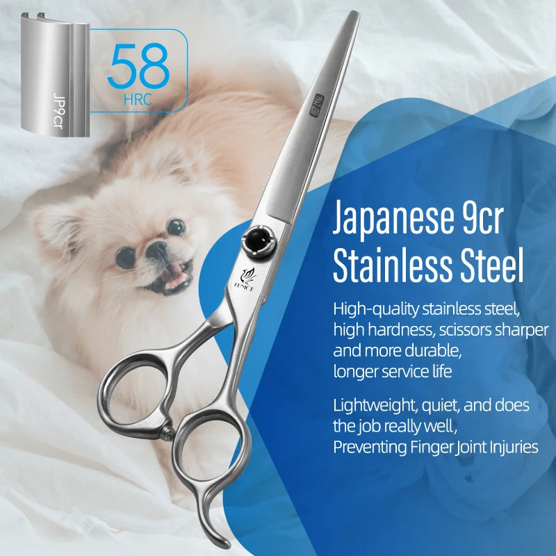Fenice YCHLS 6.5/7.0/7.5 Inch Pet Grooming Scissors Set 9CR Steel Cutting Curved Thinning Chunker Shears for Family Use/Practice