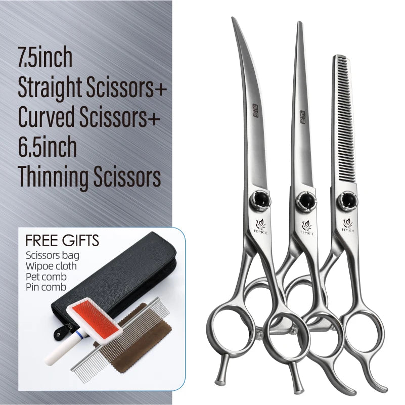 Fenice YCHLS 6.5/7.0/7.5 Inch Pet Grooming Scissors Set 9CR Steel Cutting Curved Thinning Chunker Shears for Family Use/Practice