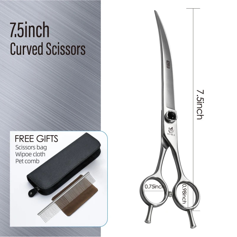 Fenice YCHLS 6.5/7.0/7.5 Inch Pet Grooming Scissors Set 9CR Steel Cutting Curved Thinning Chunker Shears for Family Use/Practice