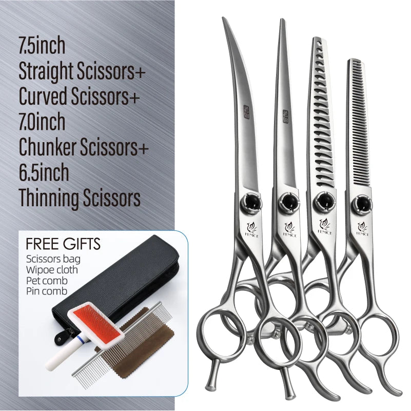 Fenice YCHLS 6.5/7.0/7.5 Inch Pet Grooming Scissors Set 9CR Steel Cutting Curved Thinning Chunker Shears for Family Use/Practice
