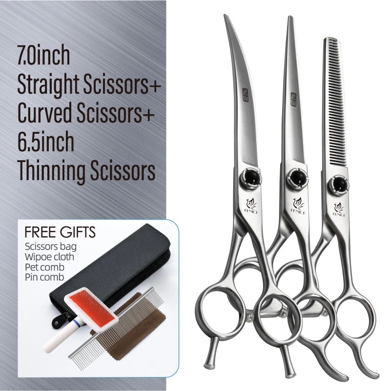 Fenice YCHLS 6.5/7.0/7.5 Inch Pet Grooming Scissors Set 9CR Steel Cutting Curved Thinning Chunker Shears for Family Use/Practice
