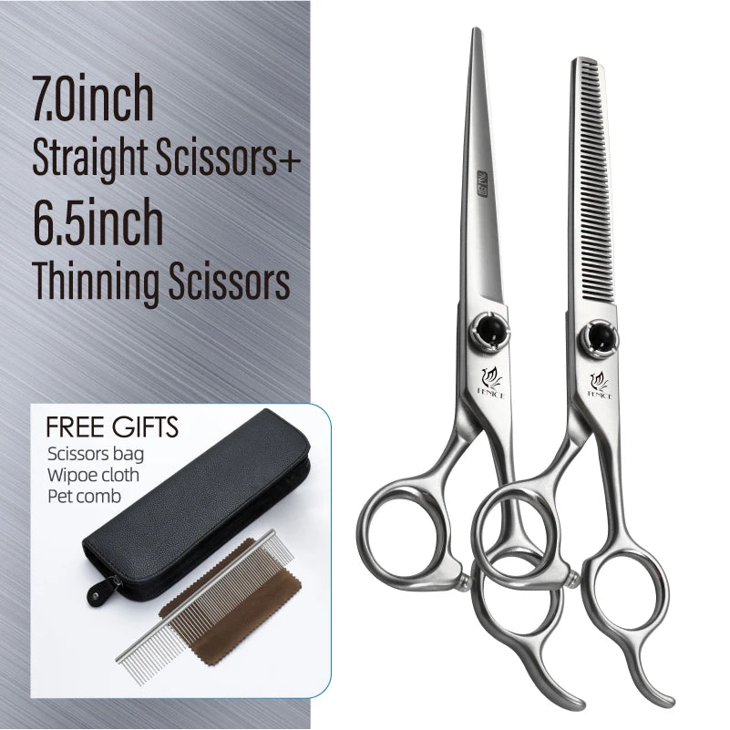 Fenice YCHLS 6.5/7.0/7.5 Inch Pet Grooming Scissors Set 9CR Steel Cutting Curved Thinning Chunker Shears for Family Use/Practice