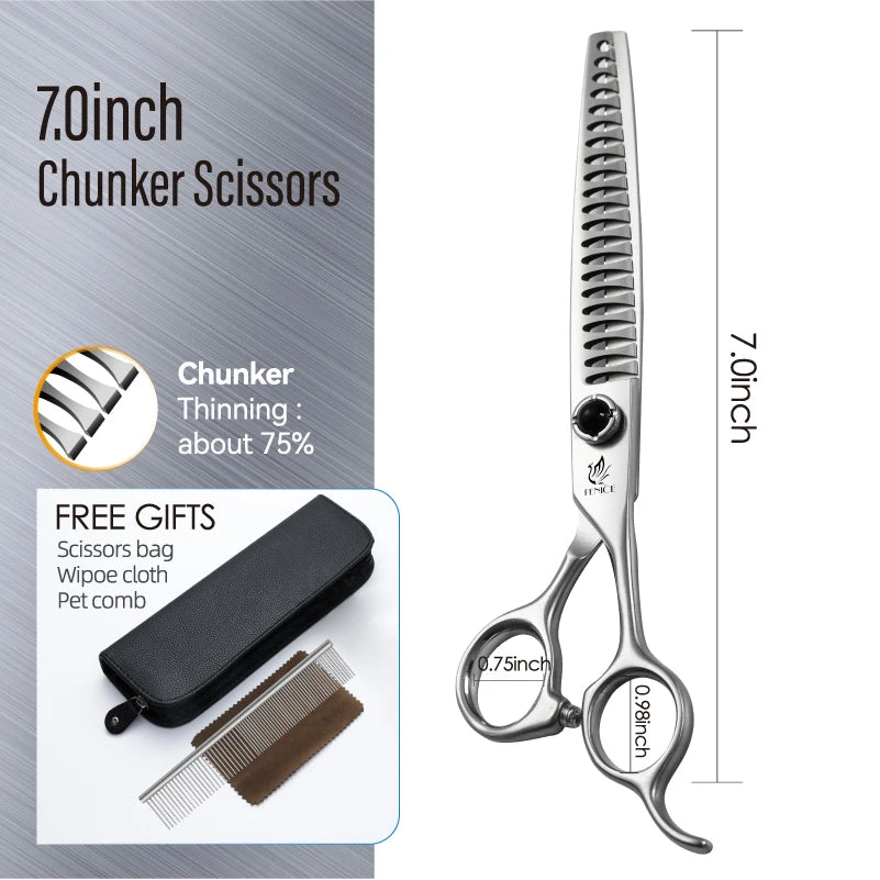 Fenice YCHLS 6.5/7.0/7.5 Inch Pet Grooming Scissors Set 9CR Steel Cutting Curved Thinning Chunker Shears for Family Use/Practice
