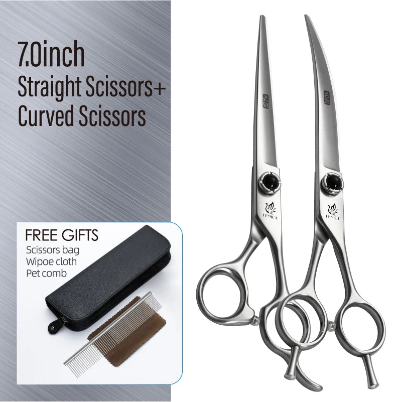 Fenice YCHLS 6.5/7.0/7.5 Inch Pet Grooming Scissors Set 9CR Steel Cutting Curved Thinning Chunker Shears for Family Use/Practice