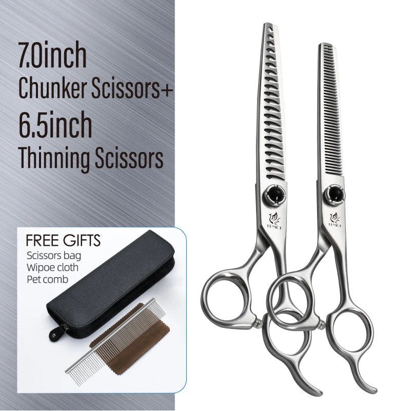 Fenice YCHLS 6.5/7.0/7.5 Inch Pet Grooming Scissors Set 9CR Steel Cutting Curved Thinning Chunker Shears for Family Use/Practice