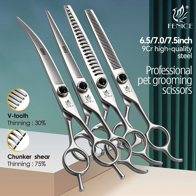 Fenice YCHLS 6.5/7.0/7.5 Inch Pet Grooming Scissors Set 9CR Steel Cutting Curved Thinning Chunker Shears for Family Use/Practice