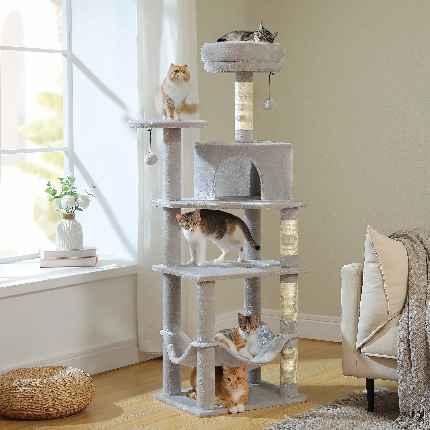 6-Level Cat Tree Tower with Super Large Hammock,Spacious Condo,Anti-tip Kit,2 Dangling Balls,4 Natural Sisal Scratching Posts