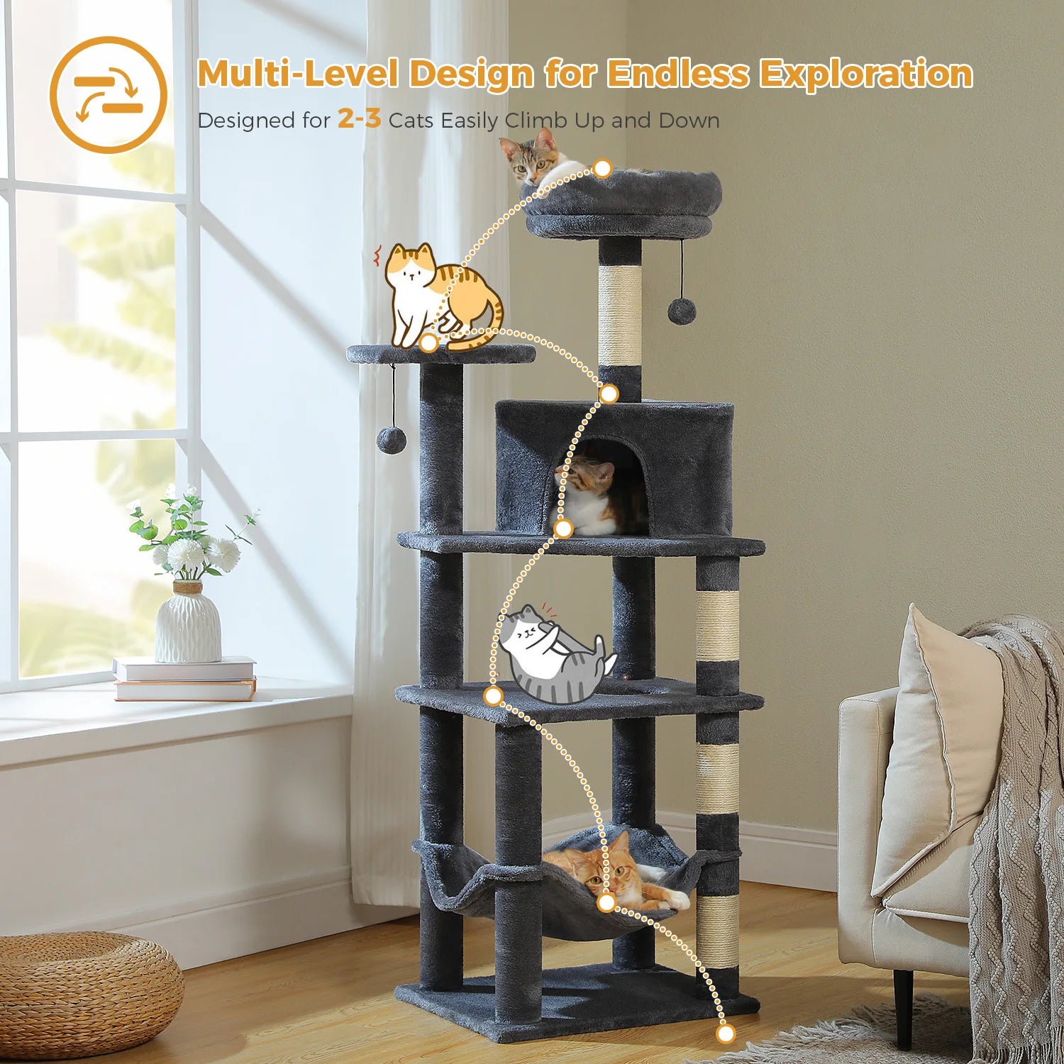 6-Level Cat Tree Tower with Super Large Hammock,Spacious Condo,Anti-tip Kit,2 Dangling Balls,4 Natural Sisal Scratching Posts