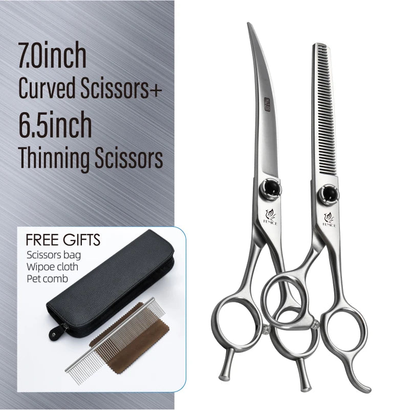 Fenice YCHLS 6.5/7.0/7.5 Inch Pet Grooming Scissors Set 9CR Steel Cutting Curved Thinning Chunker Shears for Family Use/Practice
