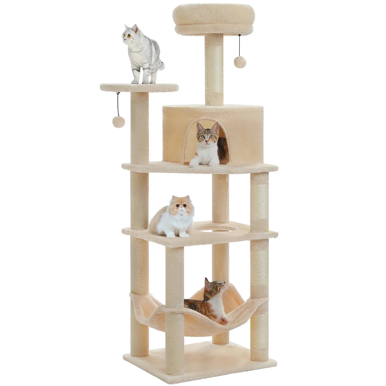 6-Level Cat Tree Tower with Super Large Hammock,Spacious Condo,Anti-tip Kit,2 Dangling Balls,4 Natural Sisal Scratching Posts