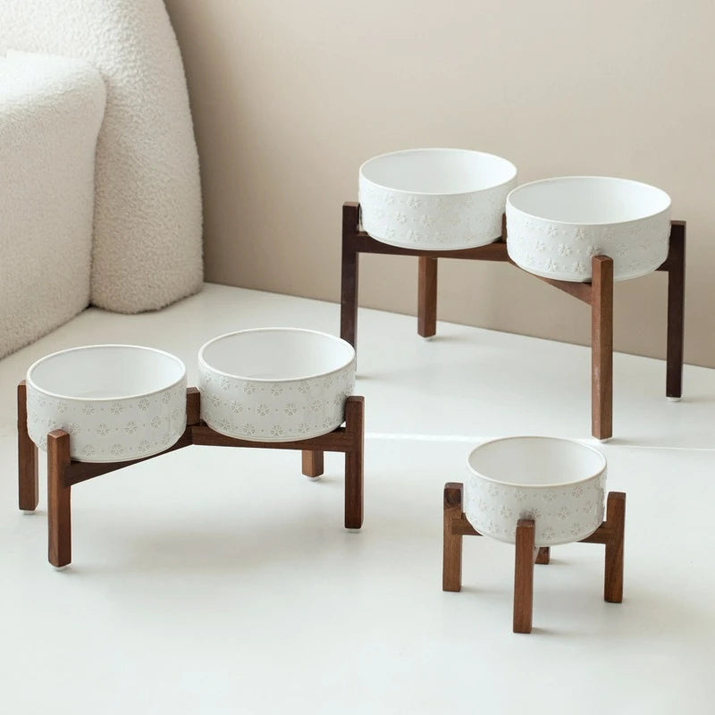 1800ml Big Dogs Bowl Double Ceramic Elevated Pet Food Water Feeders Small Medium Large Dog Feeding Supplies with Wooden Stand