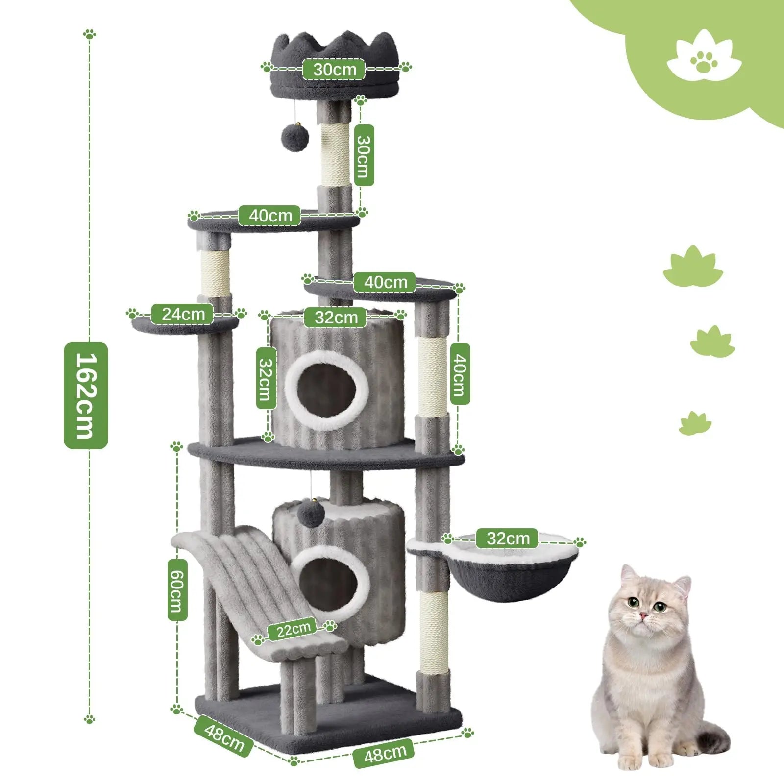 162cm Extra Tall Cat Tree - Multi-Level Tower with Scratching Post, Condos & Hammock for All Cats