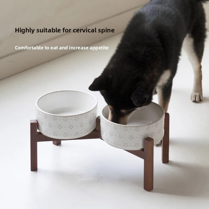 1800ml Big Dogs Bowl Double Ceramic Elevated Pet Food Water Feeders Small Medium Large Dog Feeding Supplies with Wooden Stand