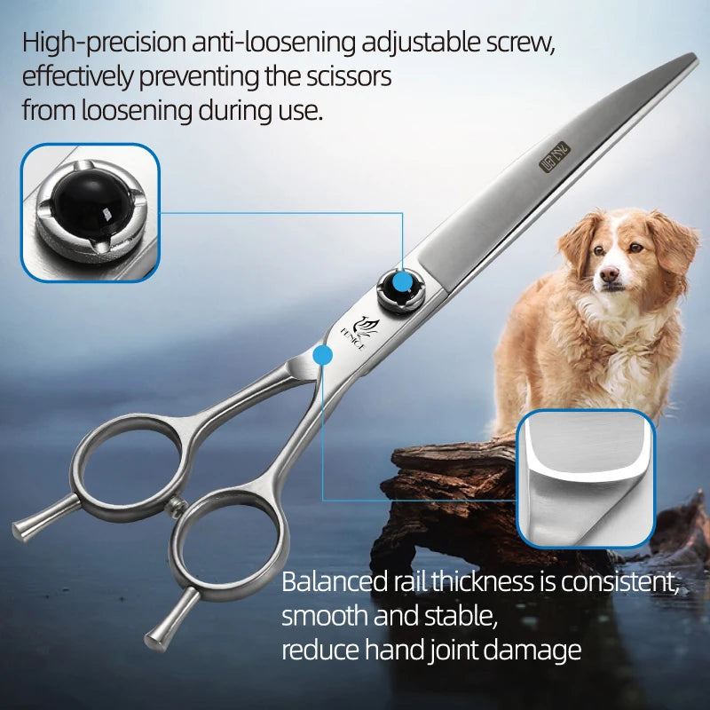 Fenice YCHLS 6.5/7.0/7.5 Inch Pet Grooming Scissors Set 9CR Steel Cutting Curved Thinning Chunker Shears for Family Use/Practice