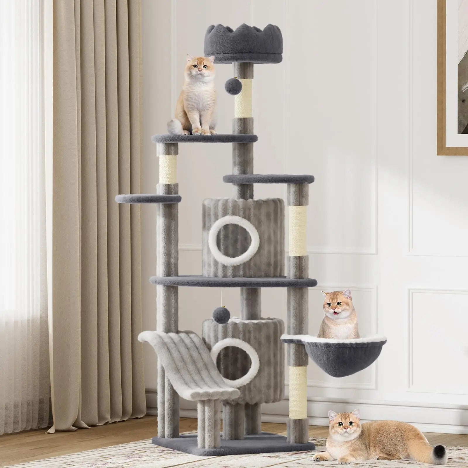 162cm Extra Tall Cat Tree - Multi-Level Tower with Scratching Post, Condos & Hammock for All Cats